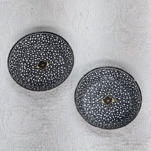 Vintage Enamelware Cast Decorative Bowl Set Blue White Flower Motif Retro